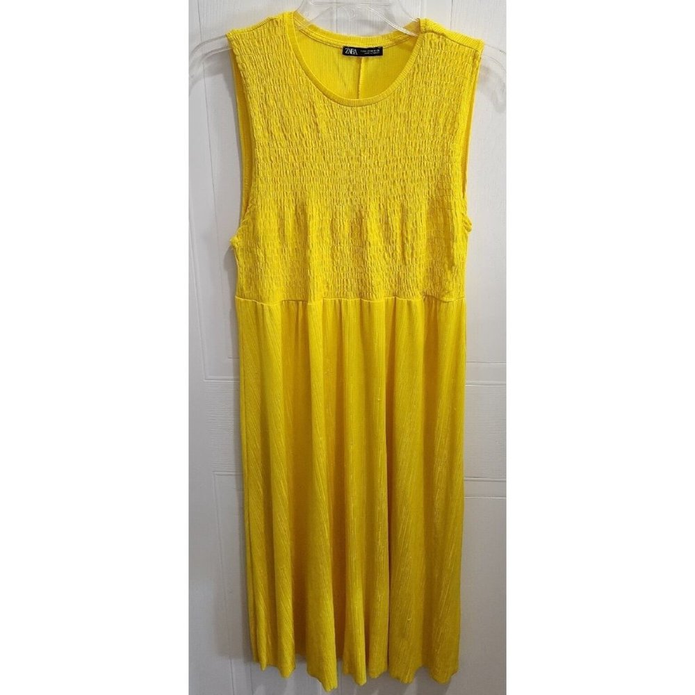 Zara Women's Smocked Sleeveless Midi Dress Solid Bright Yellow Size Medium‎